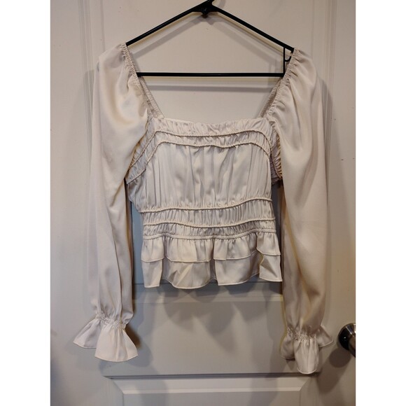 Women's Greylin Satin Square Neck Smocked Long Sleeve Blouse Ivory Small - Picture 2 of 8